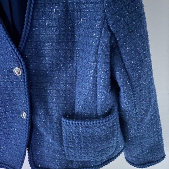 Ann Taylor Jacket Blue 14 Long Sleeve 2 Button Metallic Sparkle Fringe Classic - Picture 3 of 6